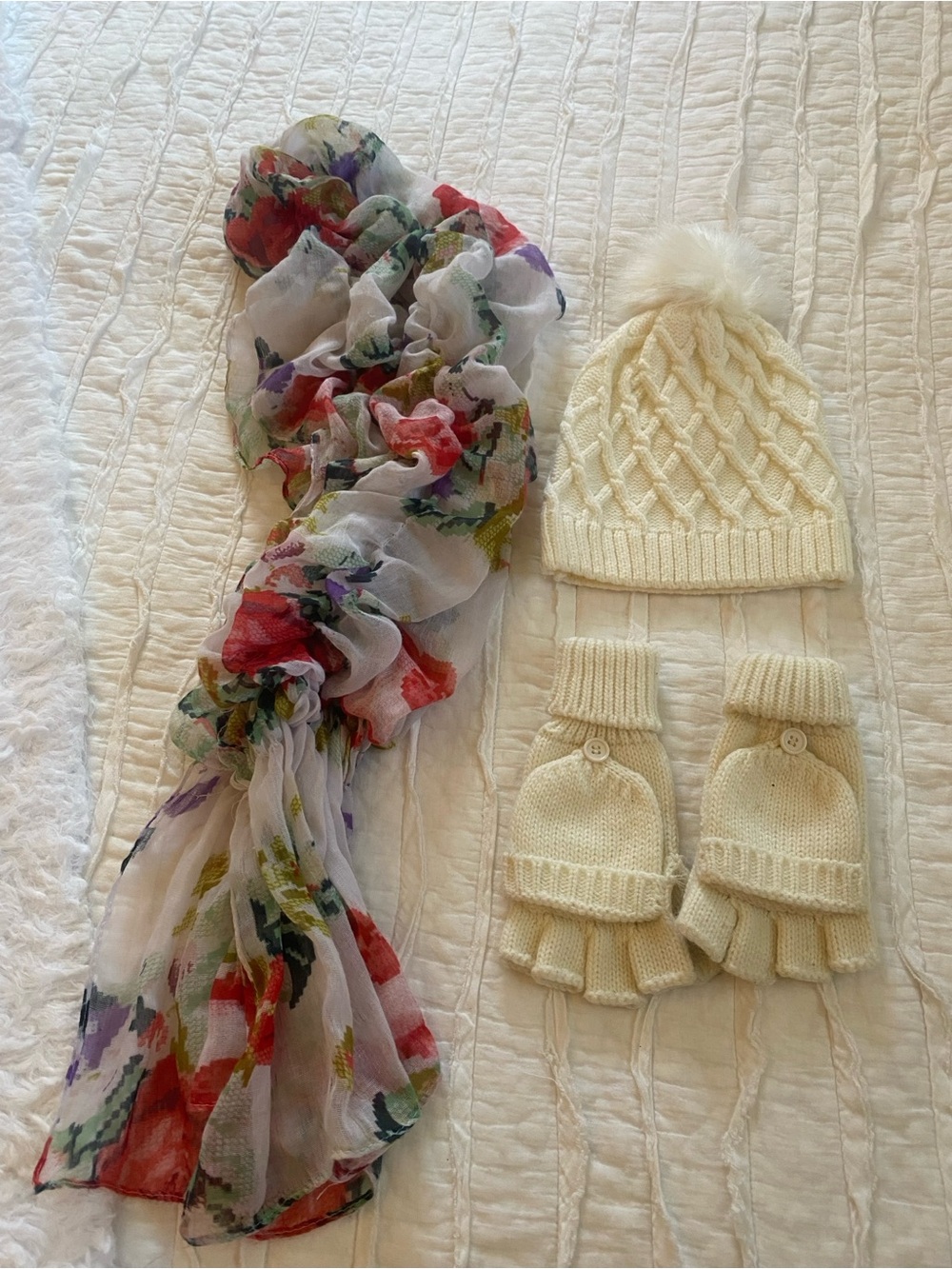 Cream Knit Pom-Pom Hat and Convertible Mittens Set with Floral Scarf